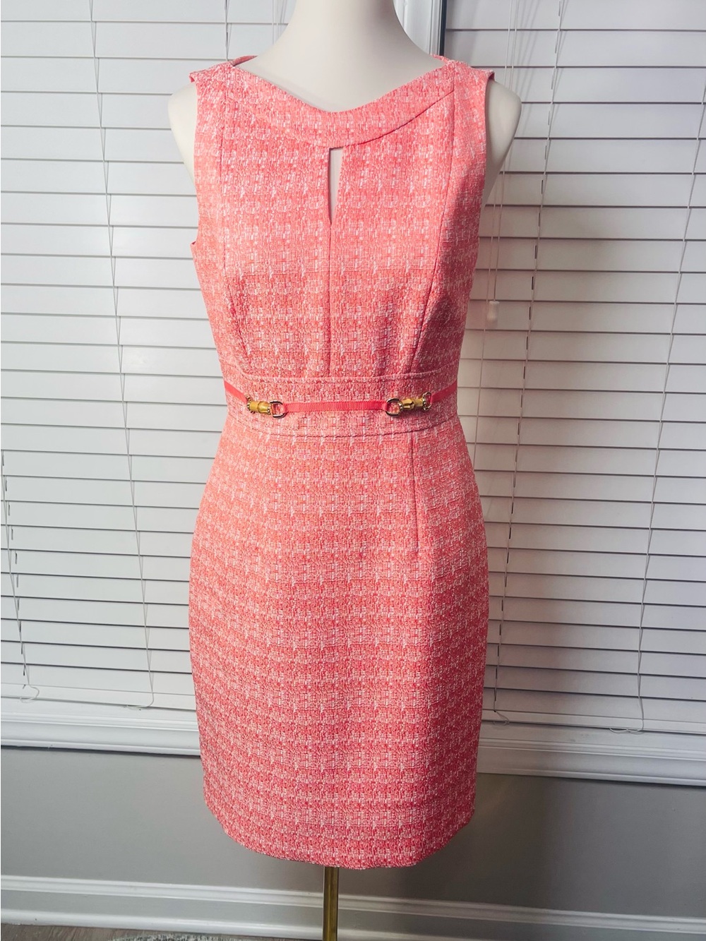 Sleeveless Coral Pink Sheath Dress with Belt Detail